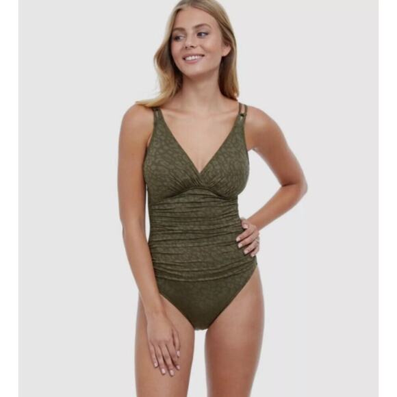 Profile by Gottex Luminous Safari V-Neck One Piece Swimsuit Olive US Size 8 - Picture 1 of 8